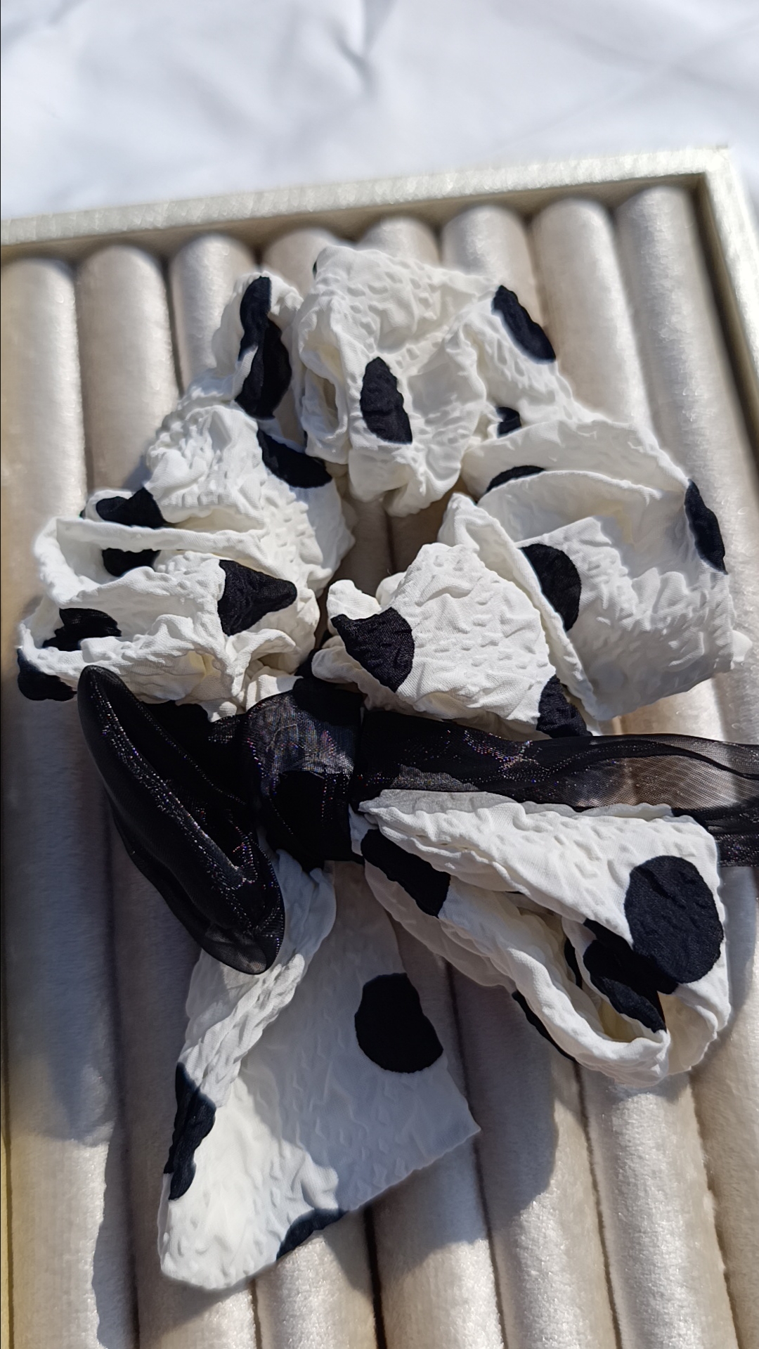 Textured Polka Dot Bow Scrunchie (Black & White) - Image 2