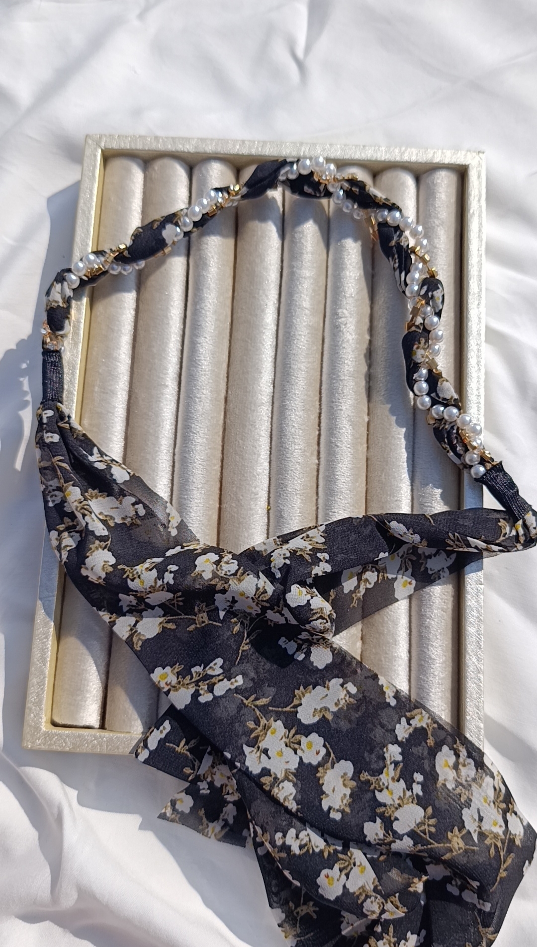 Korean Floral Chiffon & Pearl Braided Headband