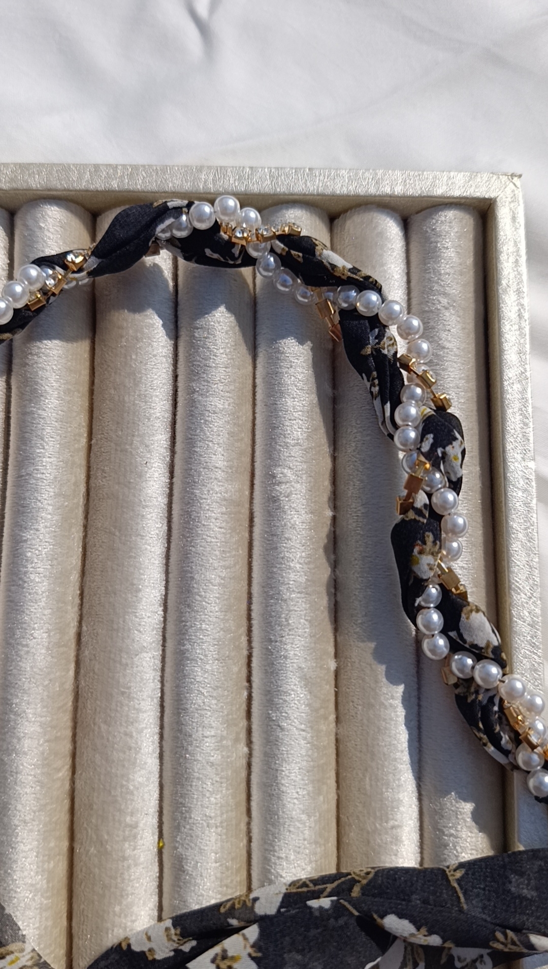 Korean Floral Chiffon & Pearl Braided Headband - Image 3