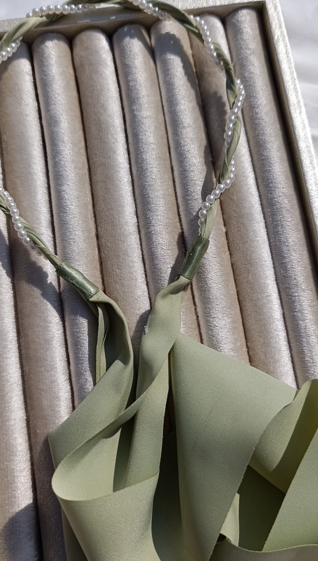Korean Sage Green Pearl & Ribbon Headband - Image 2