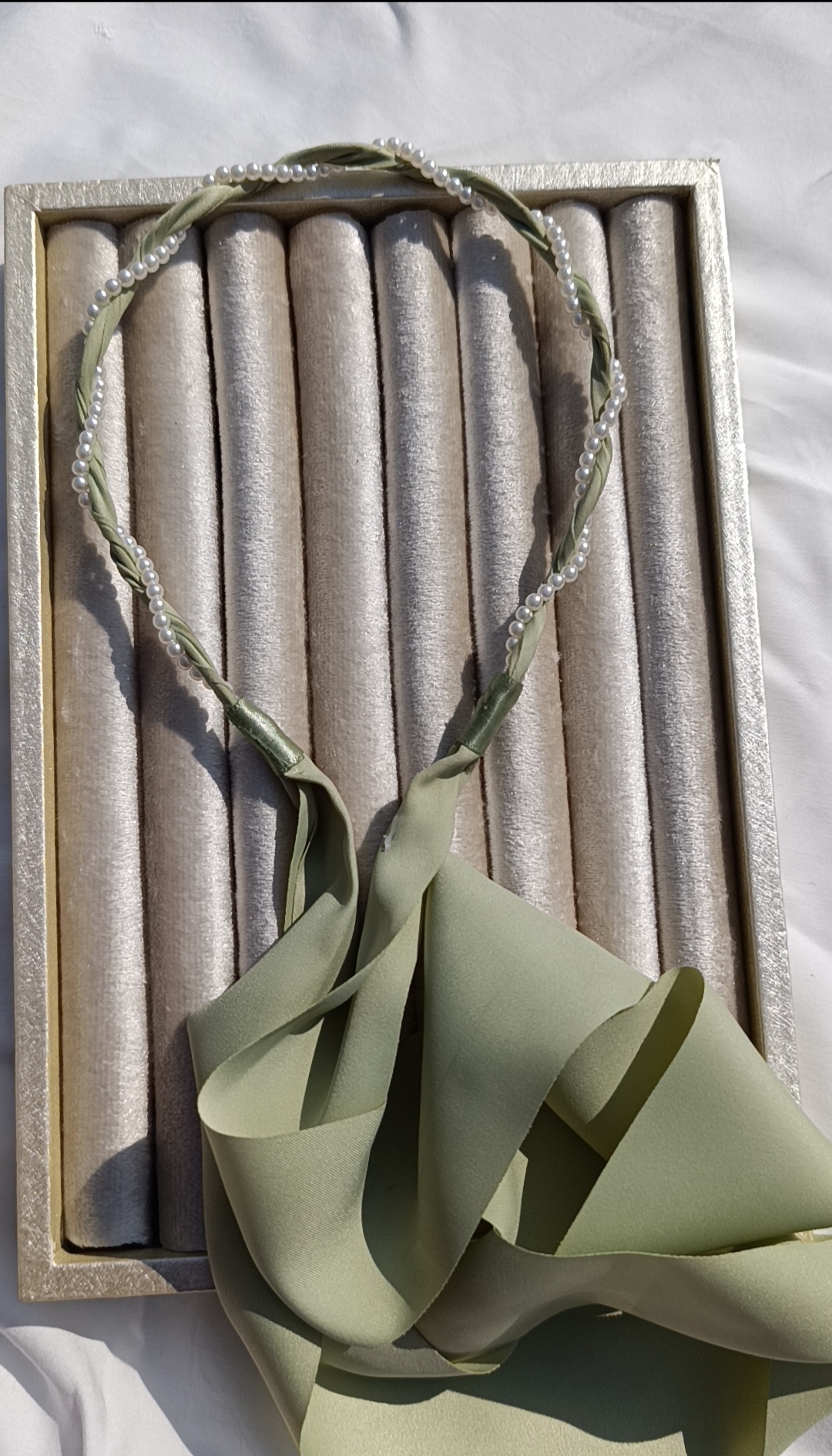 Korean Sage Green Pearl & Ribbon Headband
