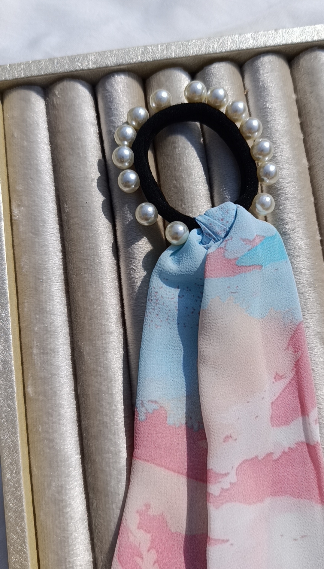 Watercolor Scarf Pearl Hair Tie - Image 3