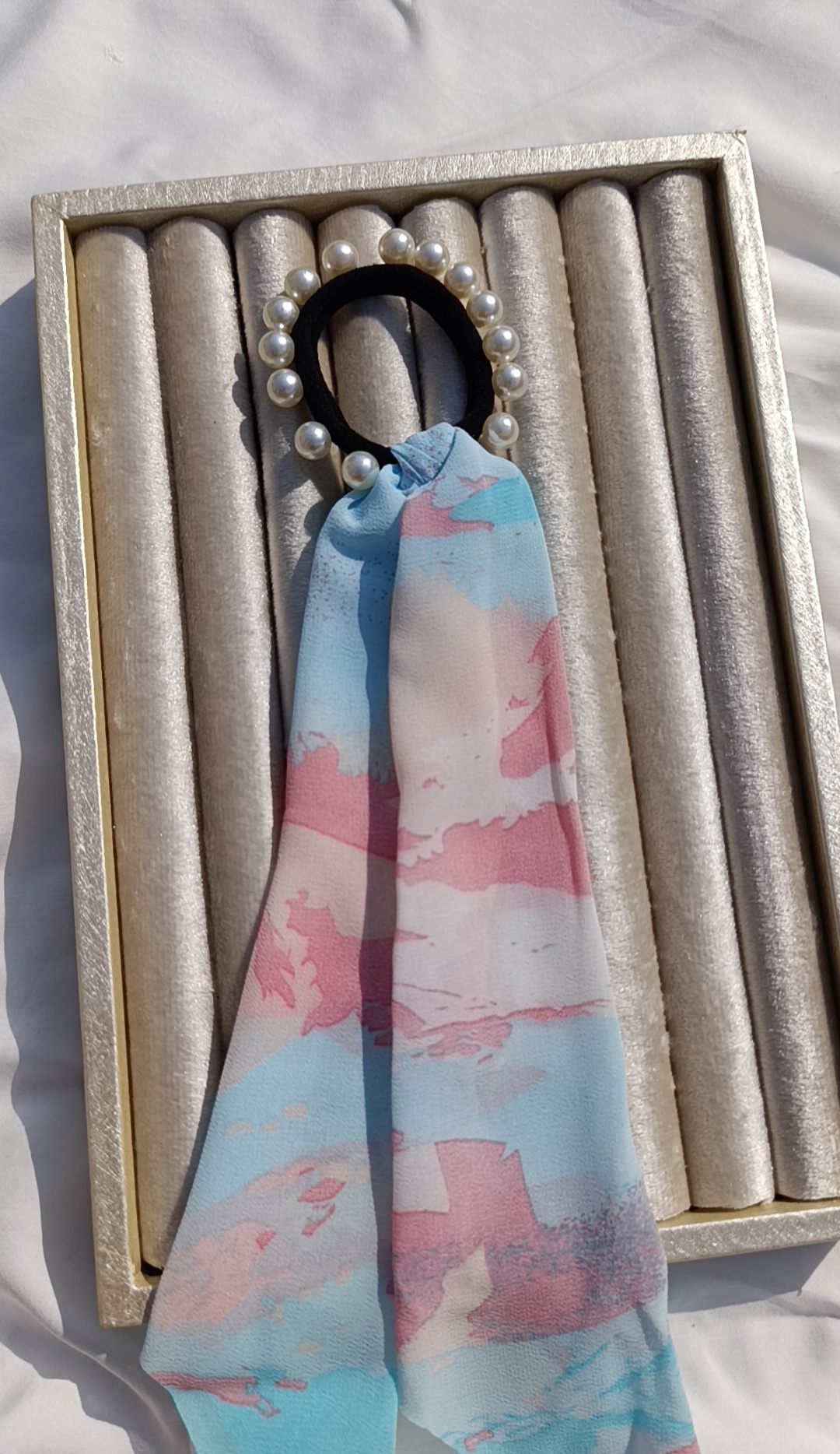 Watercolor Scarf Pearl Hair Tie