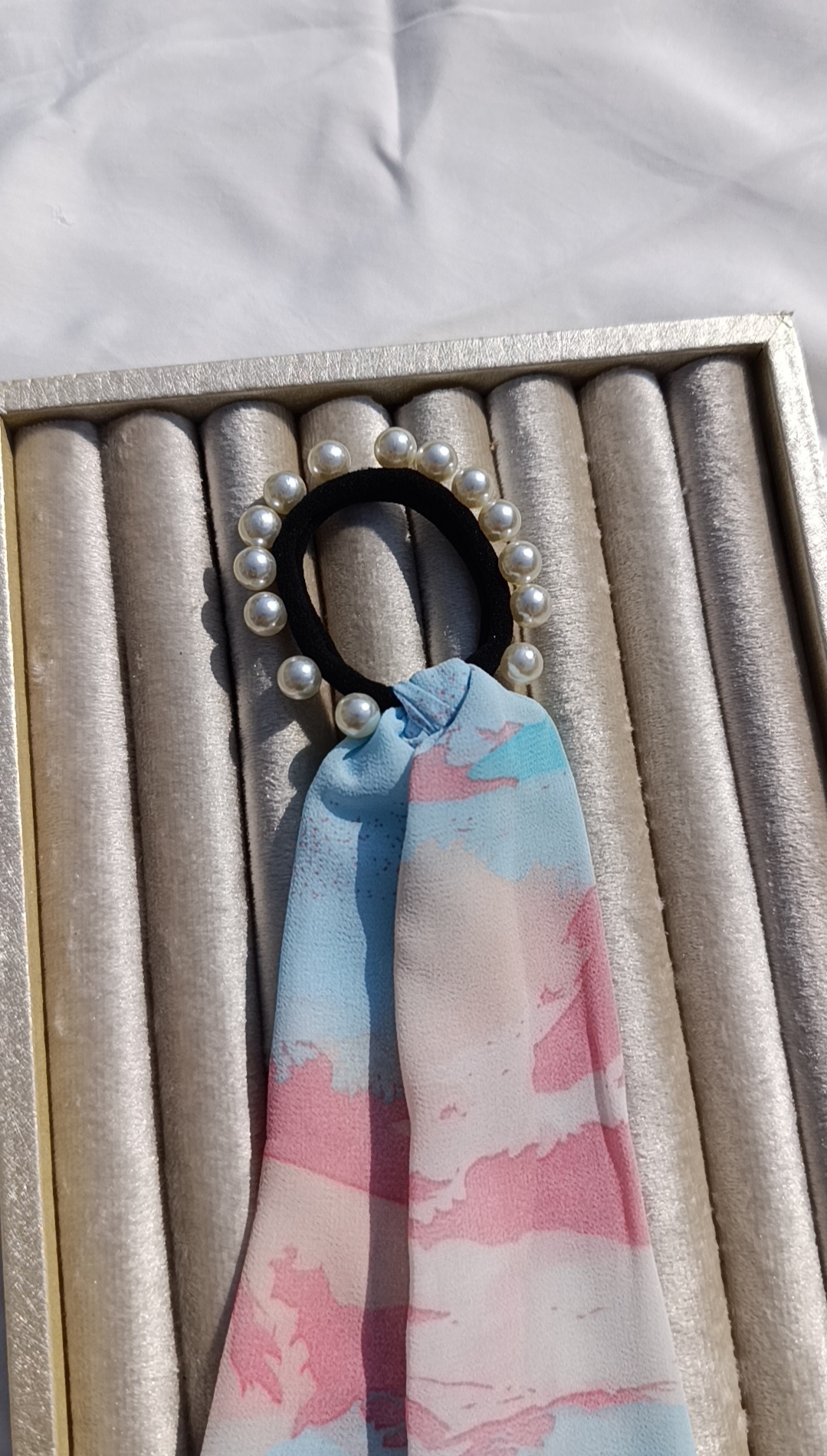 Watercolor Scarf Pearl Hair Tie - Image 2